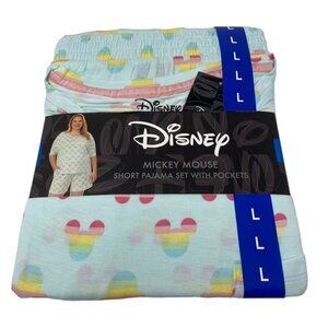 Disney Mickey Mouse Short Pajama Set Pockets Rainbow Ears Sz Large 12-14 B29